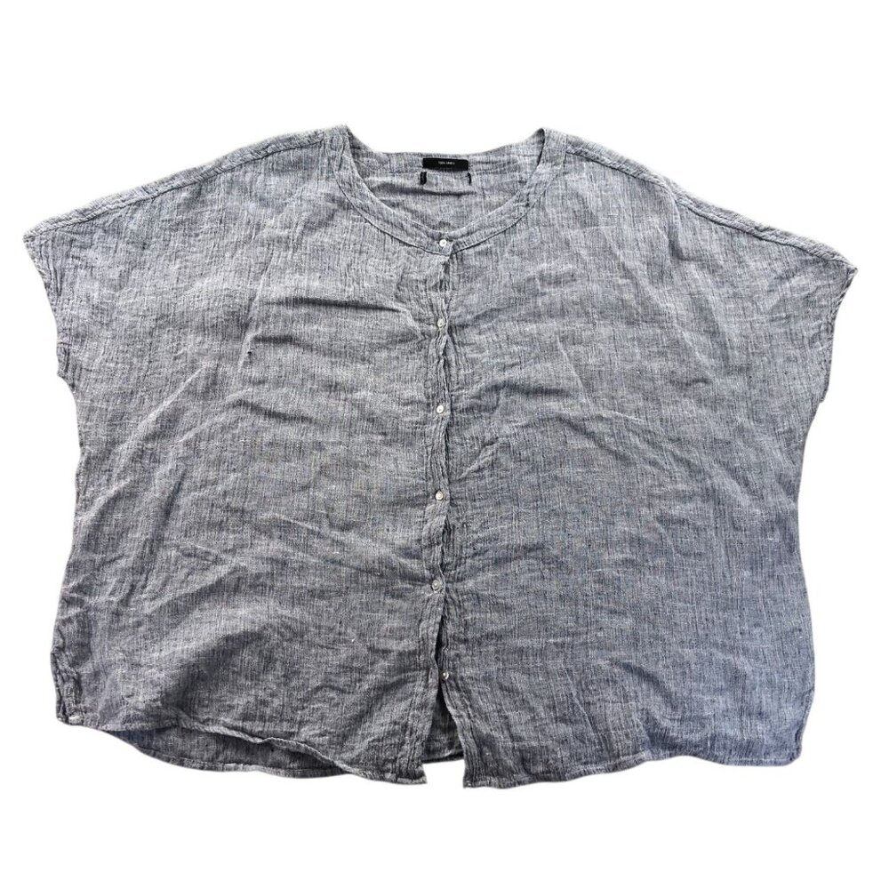 Tahari Womens Blouse Large Gray 100% Linen Button Down Casual Lightweight